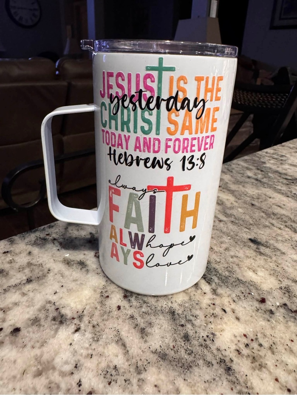 FAITH Hand Crafted White Travel Mug with Multicolor Faith Typography